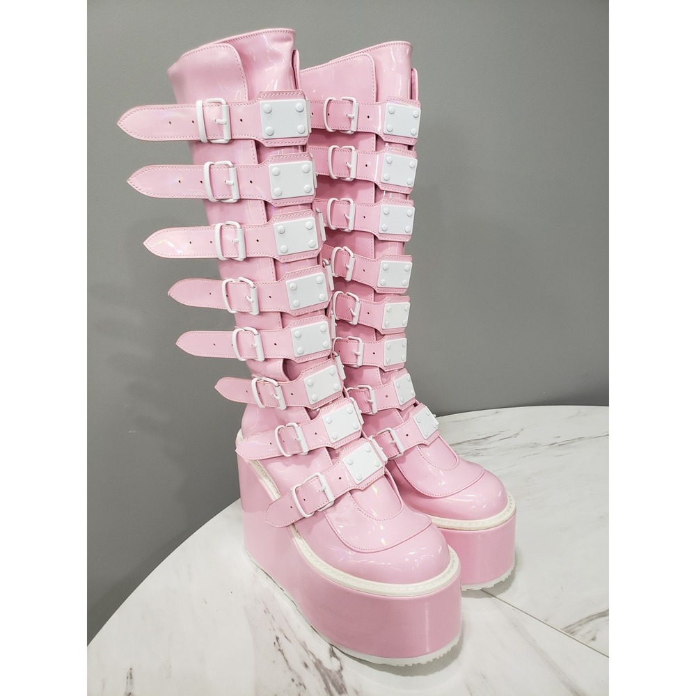 SIZE 10 DEMONIA SWING 815 Wedge Platform Goth Pink Holographic Knee High Boots